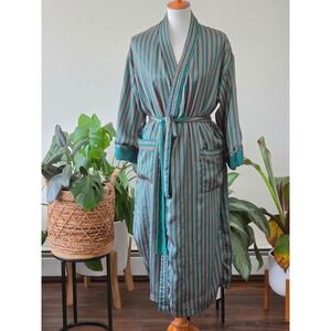 Vintage Victorias Secret Gold Label Teal Striped Terry Lined Long Robe P/S